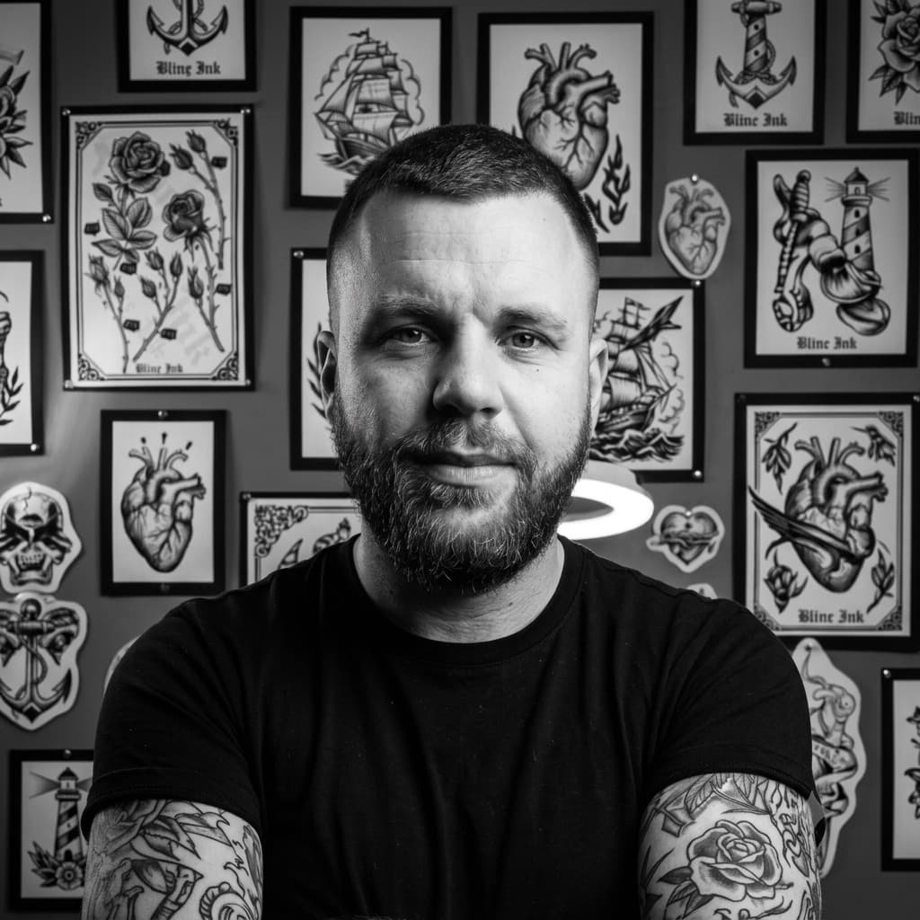 Clive Camilleri, the artist behind blinc.ink, in front of a wall of his framed flash designs