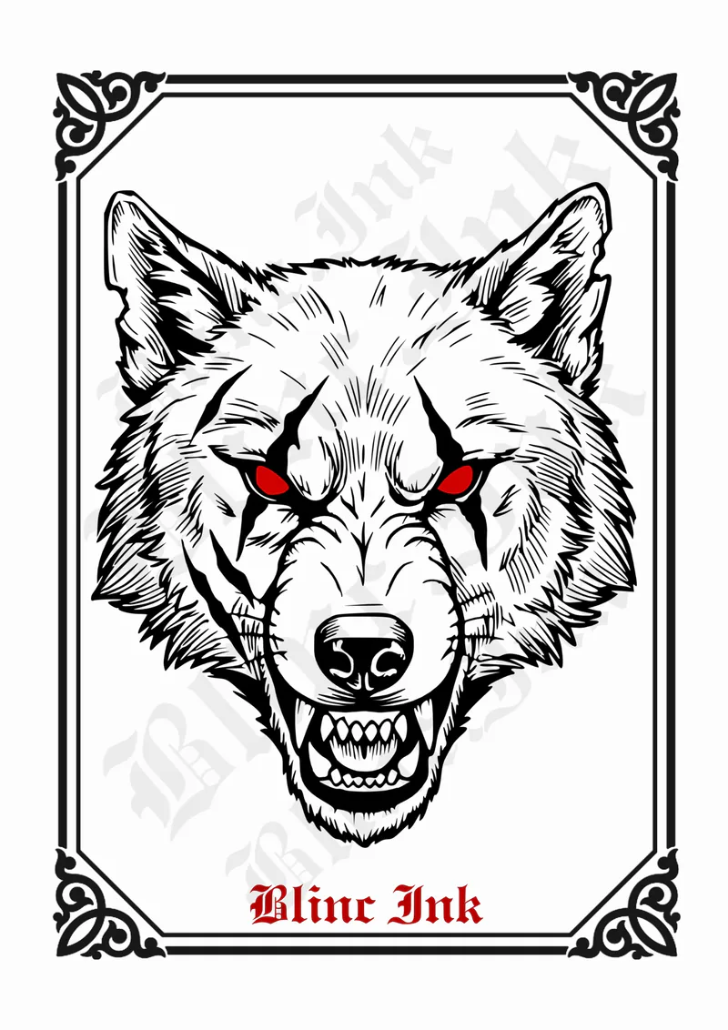 Battle Wolf Head — animals & creatures flash tattoo design by blinc.ink