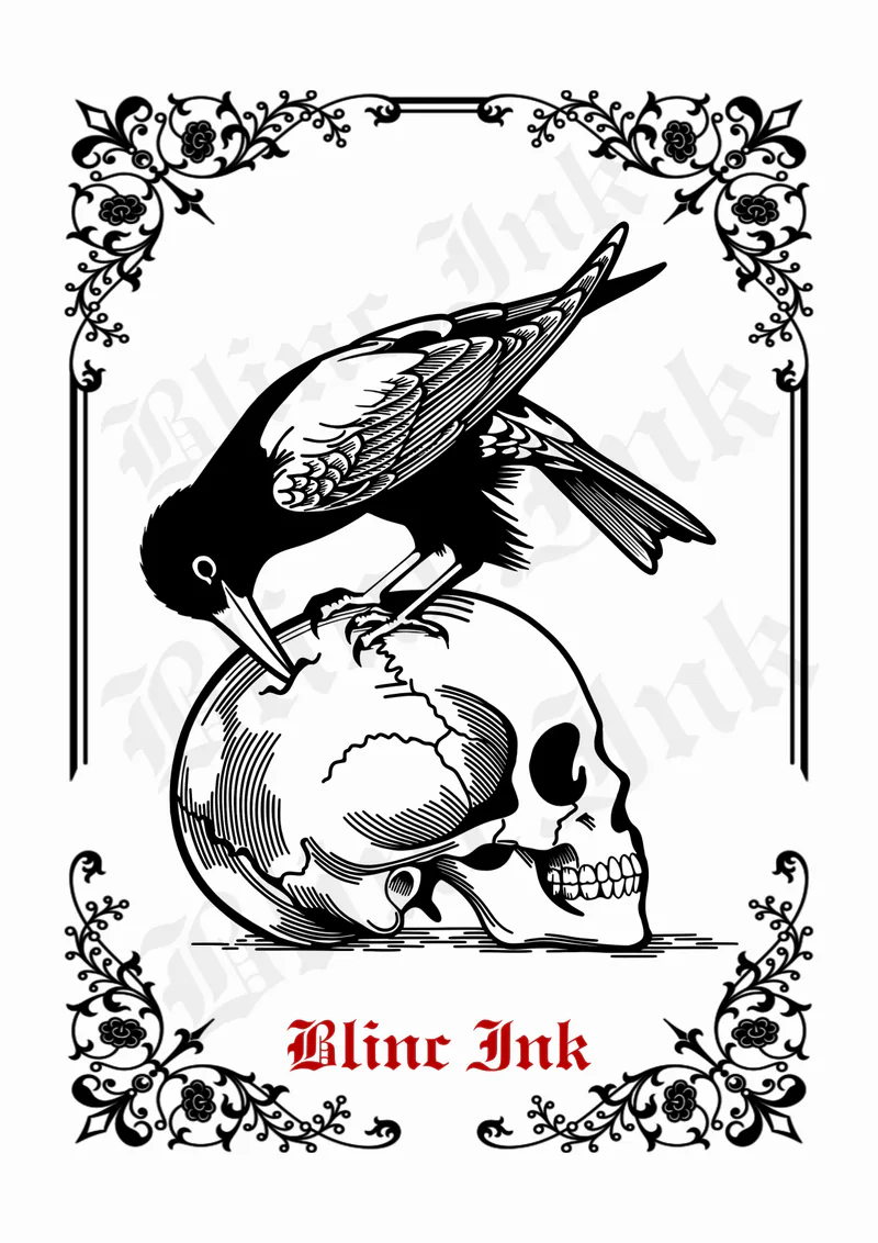 Bird Pecking Skull — skull & bones flash tattoo design by blinc.ink