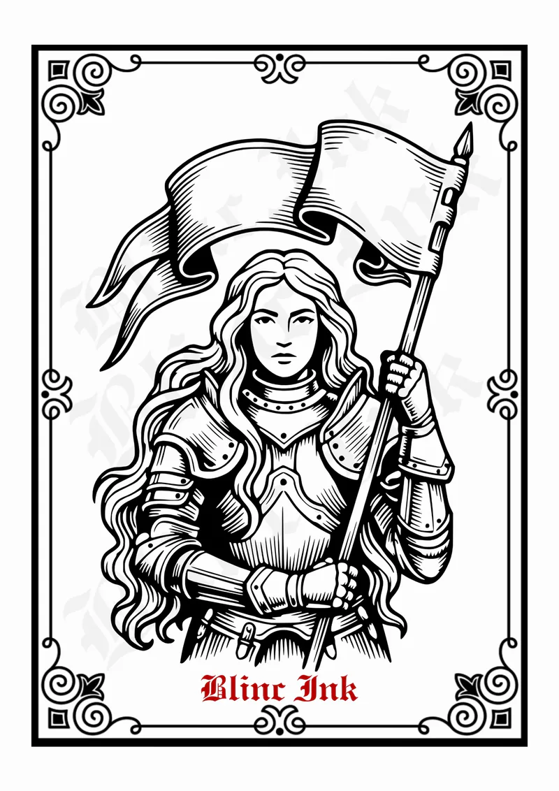 Female Knight Holding Banner — medieval flash tattoo design by blinc.ink