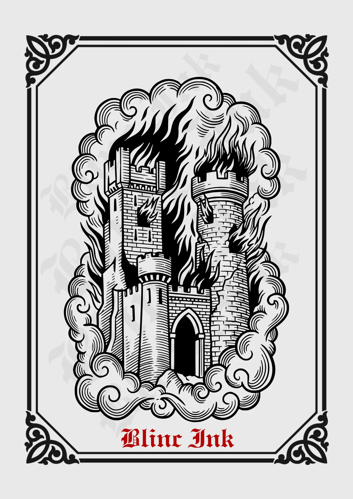 Medieval Towers Burning — medieval flash tattoo design
