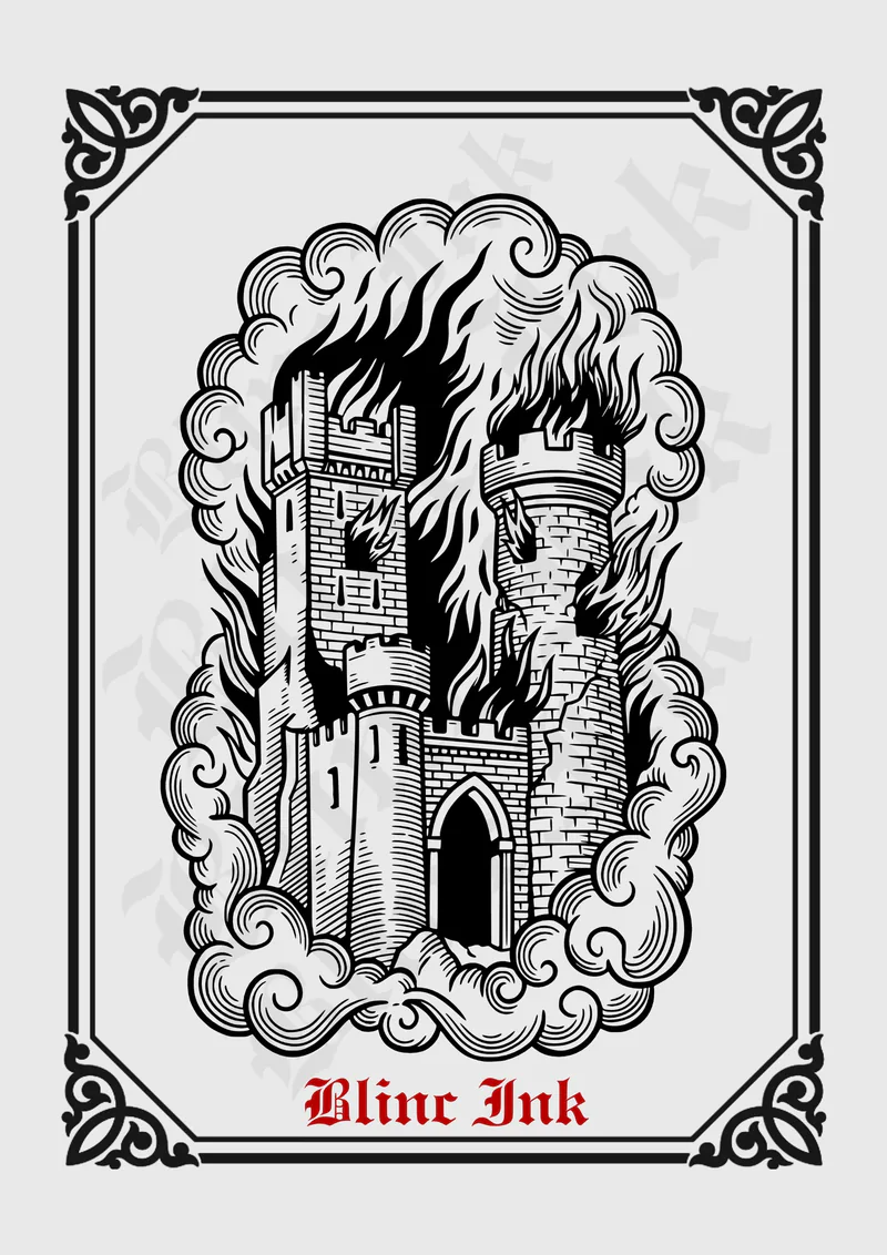Medieval Towers Burning — medieval flash tattoo design by blinc.ink