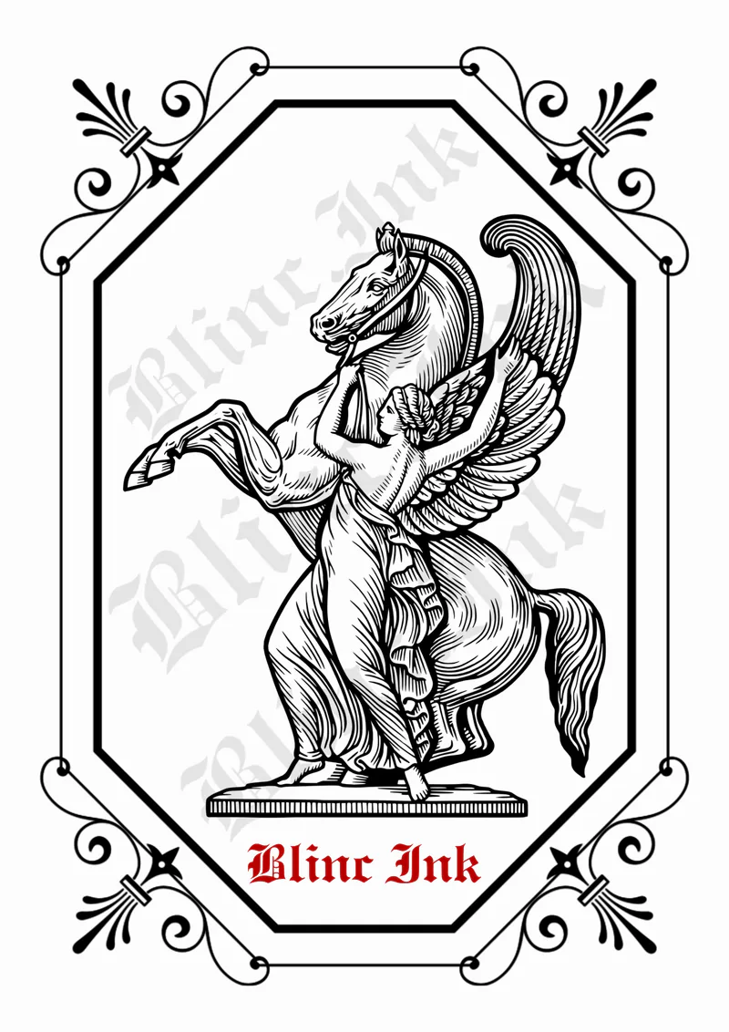 Roman Lady with Winged Horse — mythical & religious flash tattoo design by blinc.ink