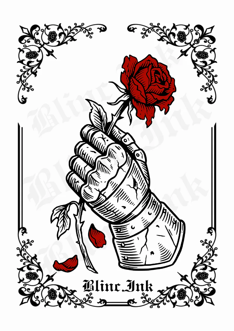 Worn Medieval Gauntlet with Rose — medieval flash tattoo design by blinc.ink