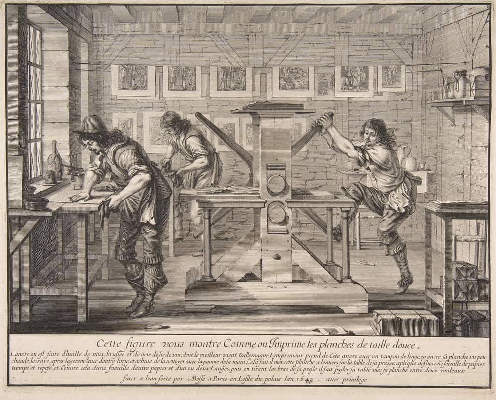 The Intaglio Printers, an etching by Abraham Bosse, 1642, showing a busy print workshop