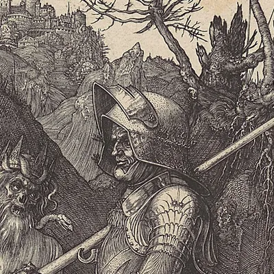 Close-up of the engraved knight showing fine parallel lines and cross-hatching