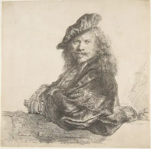Self-Portrait Leaning on a Stone Wall, an etching by Rembrandt, 1639