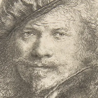 Close-up of Rembrandt's etched face showing loose, sketch-like lines
