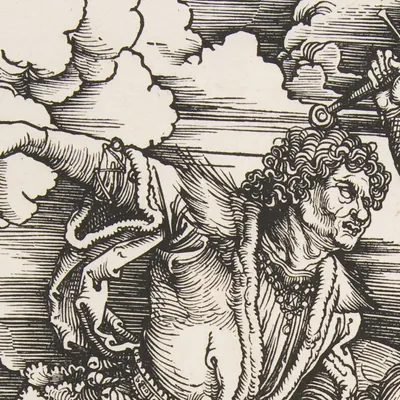Close-up of the woodcut rider showing bold carved lines and strong contrast