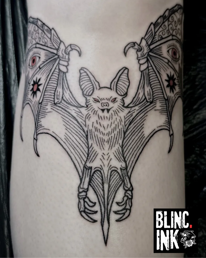 Bat: a etching-style tattoo just below the knee by Clive Camilleri at Dermoda Studio, Highbridge, Somerset.