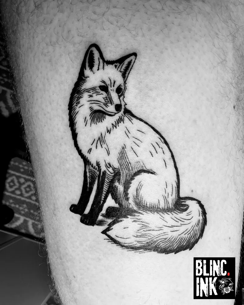 Woodland Fox: a engraving-style tattoo by Clive Camilleri at Dermoda Studio, Highbridge, Somerset.